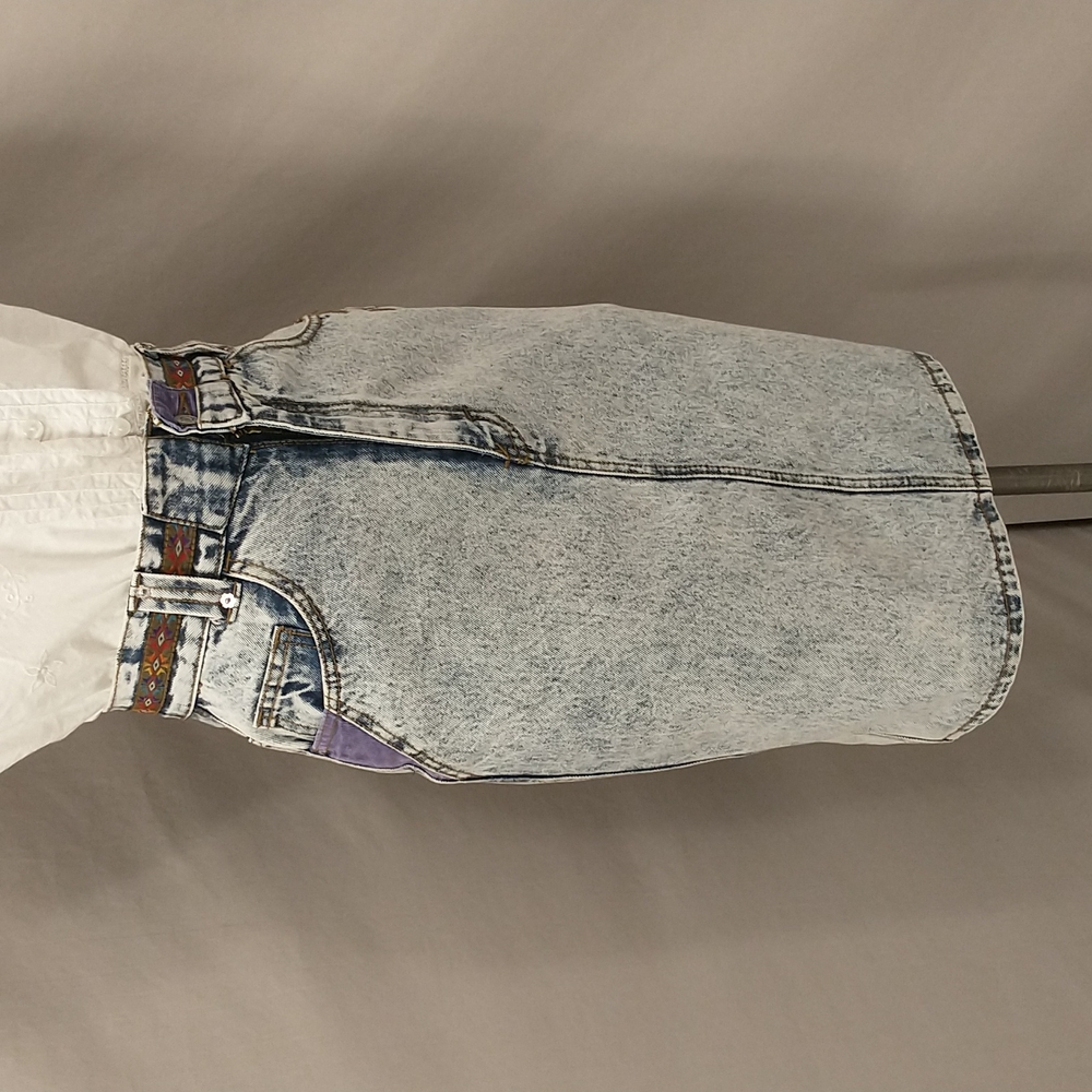 80's Vintage Acid Wash Denim Midi Skirt Sexy Cut Patches Native Trim Jean Style